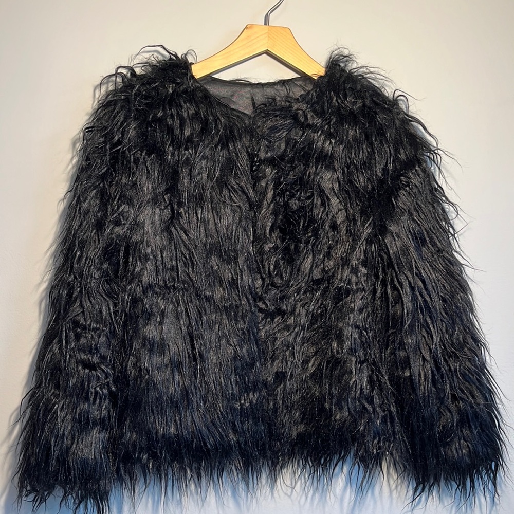 Shaggy Faux Fur Satin Lined Black Jacket